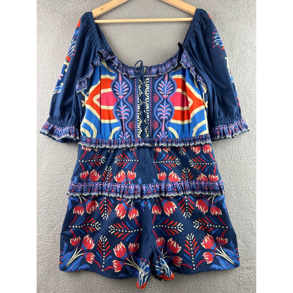 Farm Rio Blue Floral Tiered Ruffle Romper Short Sleeve Square Neck Puffy Sleeves - Picture 2 of 16